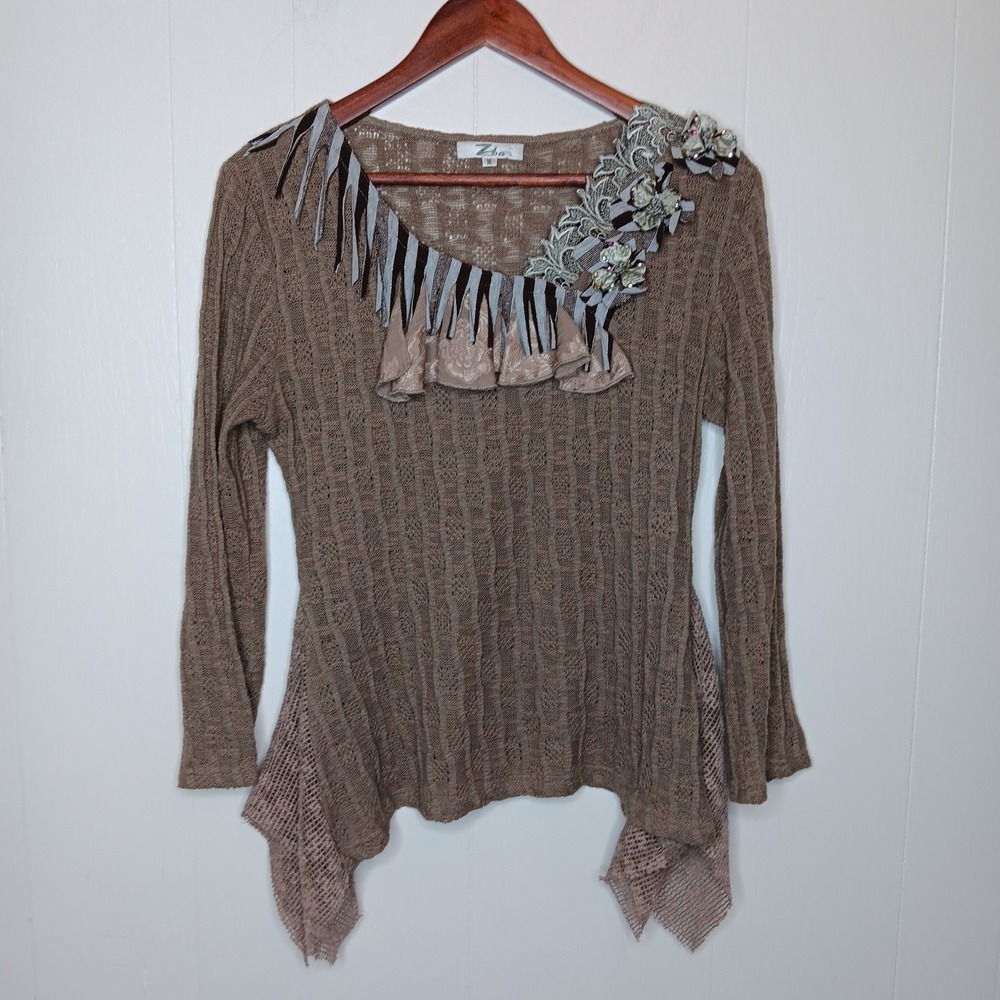 Y2K Zba Mixed Media Blouse M Brown Asymmetrical Ruffle Forest Fairy Boho